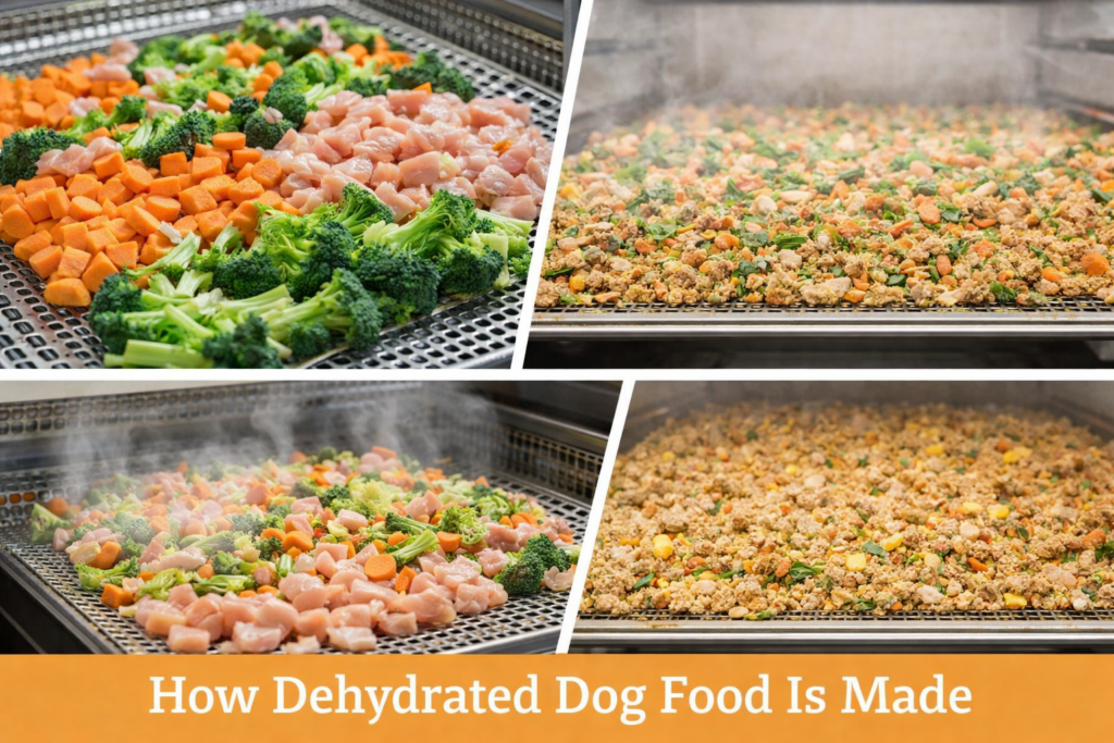 How dehydrated dog food is made using fresh meats, vegetables, and gentle air dehydration to preserve nutrients