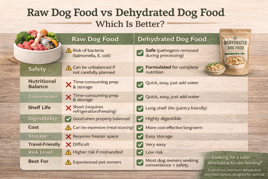 Raw dog food vs dehydrated dog food comparison chart showing safety, nutrition, convenience, shelf life, and health benefits for dogs